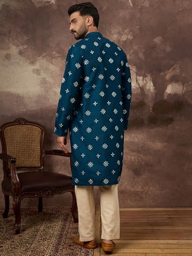 Image of Men's Solid Calf Length Silk Blend Embroidered Kurtas | Men | Kurtas for Mens | Straight Fit Kurta for Men's