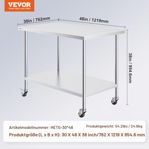 VEVOR Edelstahl Arbeitstisch Küche, Zubereitungstisch mit 4 Rädern, Arbeitstisch zur Lebensmittelzubereitung für gewerbliche Küchen und Restaurants, 76x122x95cm
