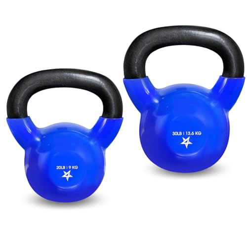 Vinyl coated kettlebells in blue, featuring weights of 20 lb (9 kg) and 30 lb (13.6 kg), designed for advanced fitness training and home workouts.