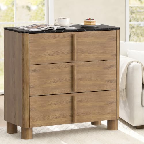 Image of 31.5 inch Wide 3 Drawer Dressers, Faux Marble & Wood Storage Cabinet, Modern Curved Accent Chest with Rounded Wood Handles for Bedroom, Living Room & Entryway, Walnut