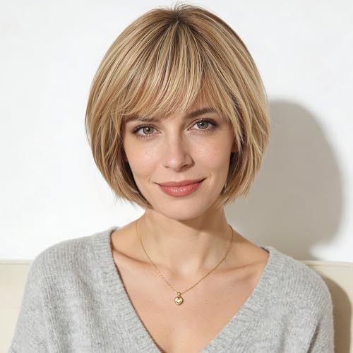 ELLORS 10 Inch Human Hair Wig with Bangs for Women