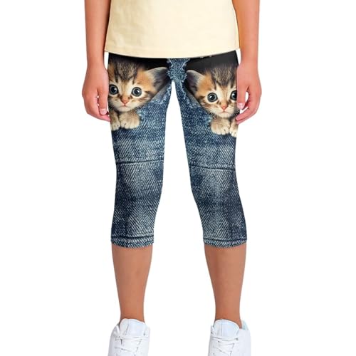 Renewold Calça legging feminina capri para ioga e dança, Gato jeans fofo estiloso, 8-9 Anos
