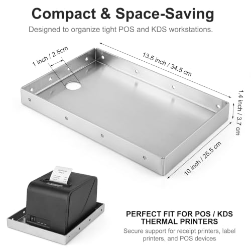 Image of Shimeyao 304 Stainless Steel POS KDS Thermal Printer Shelf Tray, 13.5 x 10 Inch Large Receipt Printer Stand, Mounts to Wall or Shelf Edge, 4 Mounting Holes Each Side for Kitchen, Retail, Shop