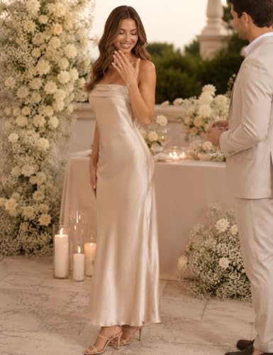 Image of Realtix Summer Satin Strapless Backless Maxi Dress for Women Wedding Guest