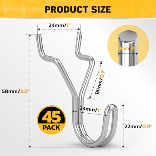 ELEAD 45-Piece Pegboard Hooks J-Hook, Silver J Hooks for Pegboard, Fits 1/8” & 3/16” Pegboards, Heavy Duty Peg Board Hooks for Hanging Keys, Retail Items & Small Tools - 1