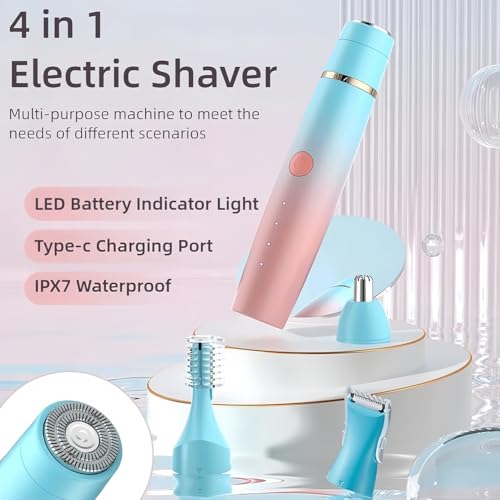 PanniOhye 4-in-1 Electric Facial Hair Trimmer for Women, Rechargeable Waterproof Eyebrow Epilator with Multiple Heads, Blue and Pink Gradient