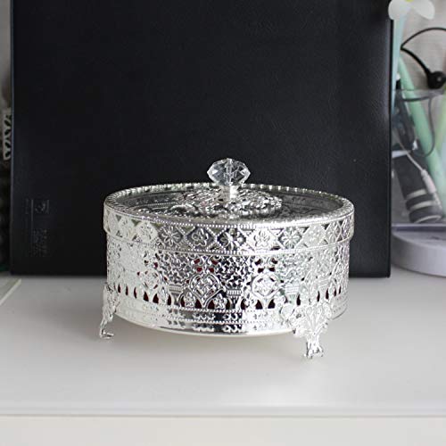 Vintage Round Jewelry Decorative Trinket Box Ring Box Antique Metal Case 4.7 Inch (Shiny Silver, Large) #TOP1
