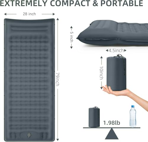 Image of FNARMW Camping Sleeping Pad, Extra Thick 5 Inch Camping Mat with Pillow Built-in Foot Pump Inflatable Sleeping Pads Compact for Camping Backpacking Hiking Traveling Tent（Gray）