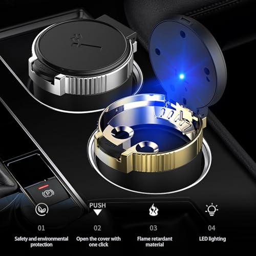 Image of Tesnaao 1 PC Car Ashtray, 3.93 inch x 2.75 inch x 1.88 inch Large Center Console Opening Designed Flame Retardant Stainless Steel Liner Trash Can with Cap, Detachable Neat Accessories, for Cars (Black & Silver)