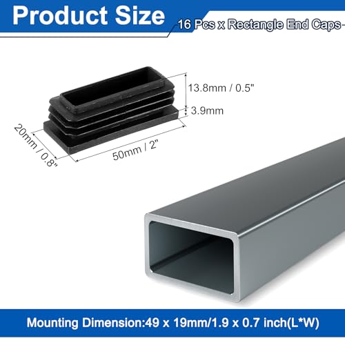 Image of uxcell 16 Pcs Rectangle Tubing End Caps 2 x 25 /32 Inch Plastic Hole Plugs Insert End Cap for Metal Tubing Post Chair Leg Table Bookshelves Furniture, Black