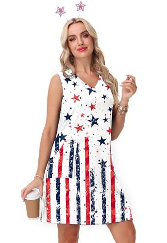 Image of Deerose Womens July 4th Sleeveless Dress American Flag Swim Cover Up Dress with Pockets