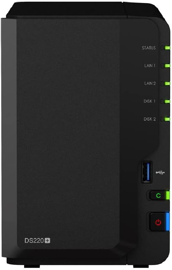 Synology DiskStation DS220+ NAS Server with Celeron 2.0GHz CPU, 6GB Memory, 4TB HDD Storage, 2 x 1GbE LAN Ports, DSM Operating System
