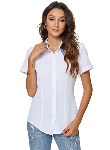 Atnlewhi Womens Button Down Shirts Short Sleeve Business Collared Work Office Formal Button Up Blouse Shirt White