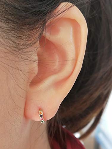Rainbow 14K Gold Plated Mini CZ Small Cartilage Cuff Hoop Earrings for Women Teen Girls Multicolored Cubic Zirconia Tiny Sleeper Tragus Huggie Hoops Piercing Jewelry Gifts for Christams Party Birthday3