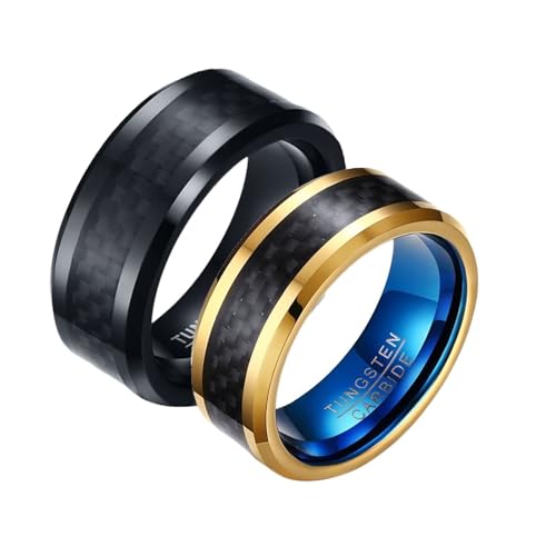 Bague de fiançailles couple tungstène 8mm avec fibre de carbone anneau noir bleu