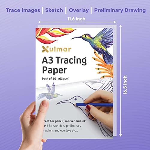 Xulmar Tracing Paper A3 63 GSM - Pack of 50 Sheets Tracing Paper for Sewing Patterns, Drawing Overlays & Sketching on Art Paper & Sketch Book