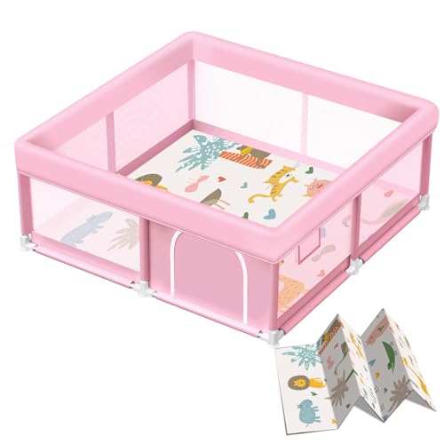 Pink Baby Playpen with Mat, 50x50 Inch Playpen with Mat