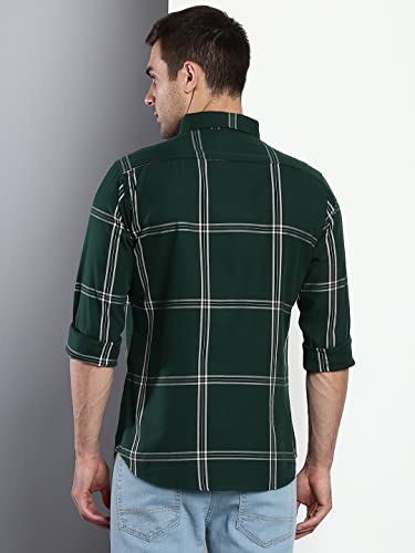 Image of Dennis Lingo Men's Plaid Blue Slim Fit Cotton Casual Shirt with Spread Collar & Full Sleeves