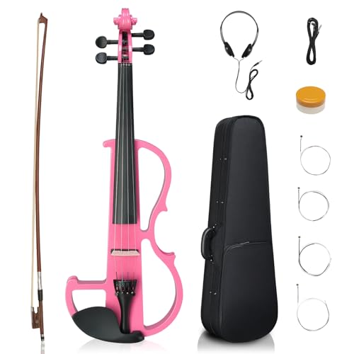 Ktaxon Full Size Electric Violin, 4/4 Acoustic Silent Electric Violin for Beginner Adults Teens with Ebony Fittings, Case, Bow, Headphone, Rosin and Extra String (Pink)
