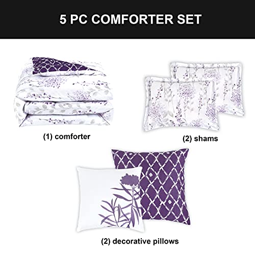 Boho Living – Comforter Set , Fresh Meadow Full/Queen Bedding , 5 Piece Set , Includes Reversible Comforter, 2 Decorative Pillows & 2 Pillow Shams , Polyester , Microfiber , Bedroom Décor , Lilac #TOP2
