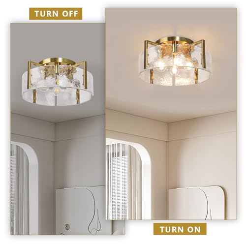 Gold Flush Mount Ceiling Light, 17.7'' Modern Ceiling Lights Fixture with Clear Hammered Glass Shade, 4-Light Drum Chandelier Lighting Fixtures for Kitchen Bedroom Dining Room Entryway Foyer Hallway by BLUSUN - Used condition - Image 4
