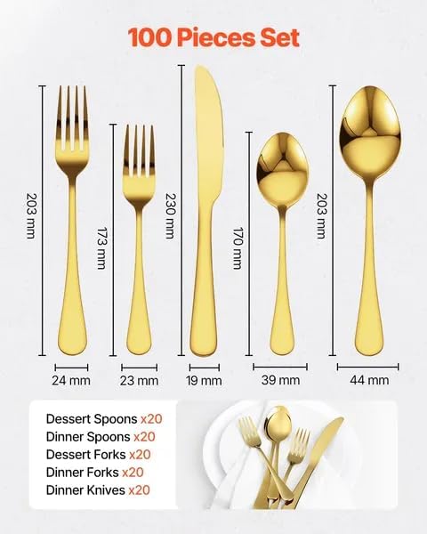 Gold Flatware Set 100 Pieces, 18/0 Stainless Steel Silverware Service for 20, Mirror Polished Cutlery with Dinner Forks, Knives, Spoons, Dessert Forks and Spoons, Dishwasher Safe