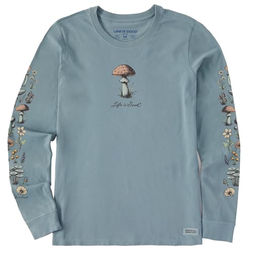 Life is Good. Women's Detailed Mushrooms Long Sleeve Crusher Tee, Smoky Blue