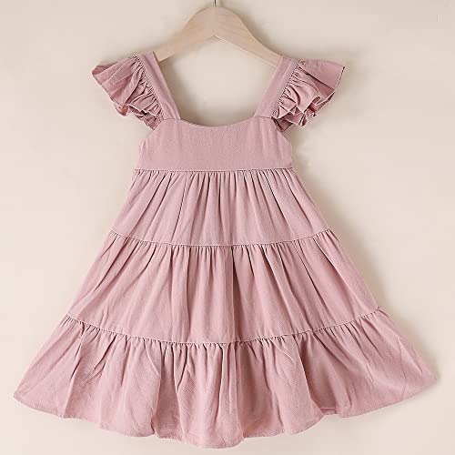 Anata Flower Girl Spring Dresses Linen Baby Girls Ruffle Solid Color Dresses Sleeveless Birthday Party Outfits Toddler Girls A-Lined Princesses Twirl Pleated Playwear Valentine's Day Blush Pink 6T #TOP1