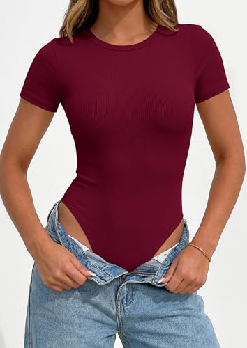 PRETTYGARDEN Body Suits for Womens Short Sleeve Summer Tops, Burgundy,XS — view 5