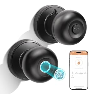 Smart Fingerprint Door Knob, Keyless Entry Door Lock with Remote App Control, Auto Lock, Biometric Finger Print Smart Lock Door Knob for Front Door, Bedroom, Office, Black