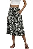 MLXSJ Women's Midi Skirt Summer Pleated Flowy Elastic High Waisted Skirts with Pockets (Rose Flower Black, L)