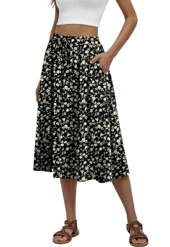 MLXSJ Women's Midi Skirt Summer Pleated Flowy Elastic High Waisted Skirts with Pockets, Rose Flower Black, XL