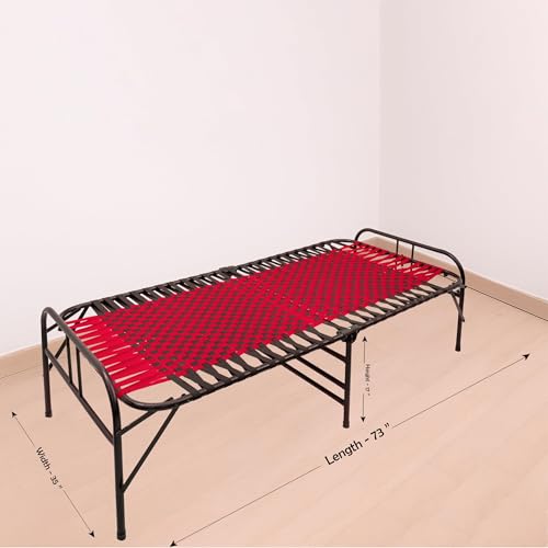 Image of Casa Copenhagen, Portable Single Folding Bed Heavy Duty Metal Cot Khat for Sleeping Bed Space Saving Design Sturdy Synthetic Niwar feet - Red & Charcoal Black