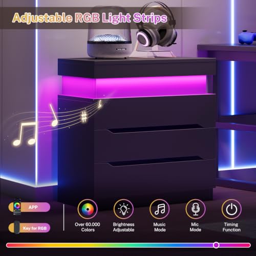 Image of Nightstands Set of 2, Night Stand with 3 Drawers, Nightstand with App-Controlled Adjustable LED Light, Bedside Table with Slidable Hidden Storage Space, Modern Nightstands for Bedroom, Black