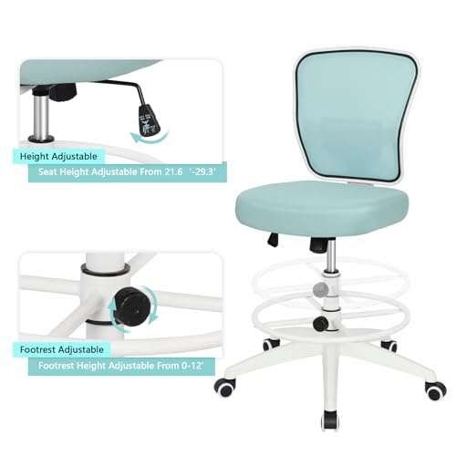 Image of HYLONE Drafting Chair Adjustable Height Tall Office Chairs Standing Desk Chair Rolling Stool Chair Armless Office Drafting Chair Blue