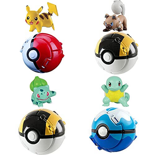 J&O Pokeballs & Action Figures, Throw Poké and N Pop Poké Ball with Action Figures for Children (4 Pack)