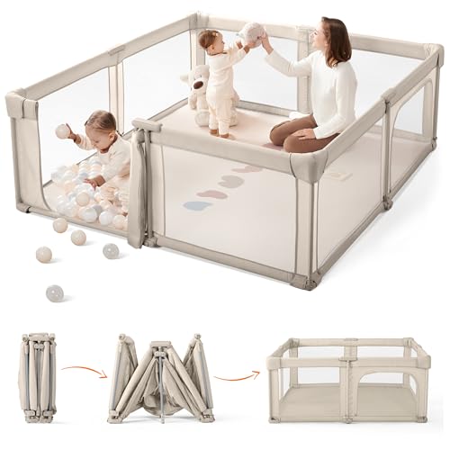 Sweeby Baby Playpen, 59x59 Inch Gate Foldable for Babies and Toddlers, Extra Large with Door Play Yard for Fence Indoor and Outdoor, Light Khaki