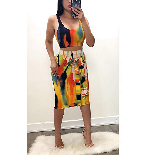 Womens Sexy 2 Piece Midi Dress Outfits - Sleeveless Tie Dye Print Tank Crop Top Bodycon Skirts Set Yellow Xl #TOP1