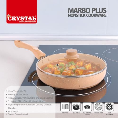 Crystal Marbo Plus Induction Base Aluminium Round Fry Pan with Glass Lid, 225mm | Sandalwood - Image 4