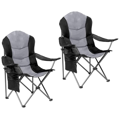 Foristrail 2 Pack Folding Camping Chairs for Adults - High Back Padded Outdoor Lawn Chairs with Lumbar Support & Cup Holder, 400lbs Heavy Duty Portable Camping Chairs Set (Black & Light Gray)