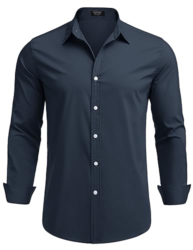 COOFANDY Mens Double Cuff Formal Shirt Long Sleeve Regular Fit Cufflinks Dress Shirts Button Down Shirts Business Casual Shirt Navy Blue L
