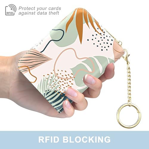 Image of Aiawoxc Credit Card Holder, Small RFID Wallet Slim Leather Card Organizer Case with Zipper and Wristlet Strap, Boho Leaves