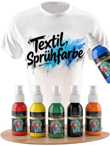 CreaTek Textilfarbe Spray Set 6x100ml Classic Colors - Textilfarbe waschmaschinenfest bis 40C Textil Sprühfarbe für Stoffe Baumwolle T-Shirts