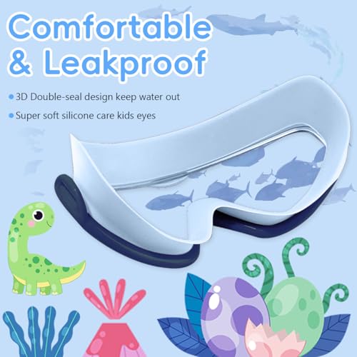 Image of PROBEROS Swimming Goggles and Cap Set for Kids, Anti Fog, Dinosaur Blue | Fog Control for Clear Views, Silicone Seal for a Comfortable Fit, Soft Silicone Cap, Large Frame, Pool Practice for Beginners