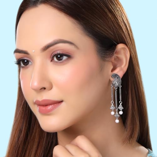 Image of Yellow Chimes Earrings for Women and Girls Traditional Silver Oxidised Jhumka German Silver Earring Set Dome Shaped Dangler Jhumki Earrings Combo | Birthday Gift For Girls and Women
