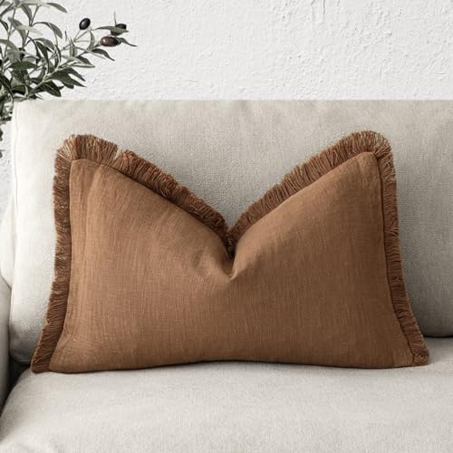 Image of Foindtower Decorative Linen Fringe Lumbar Throw Pillow Covers Cozy Boho Farmhouse Cushion Cover with Tassel Soft Accent Pillowcase for Sofa Bed Living Room Home Decor, 12x20 Inch, 1PC,Orange Brown