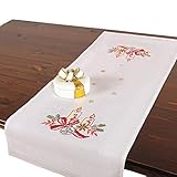 🧵 Die Produktgröße beträgt ca. 40x100 cm. Die Tischdecke besteht aus 100% Polyester, dass Stickgarn aus 100% Baumwolle