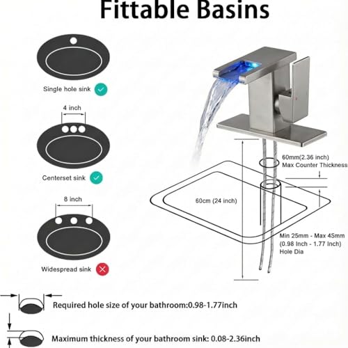 Image of AVSIILE LED Bathroom Sink Faucet, Brushed Nickel, Waterfall, Side Handle