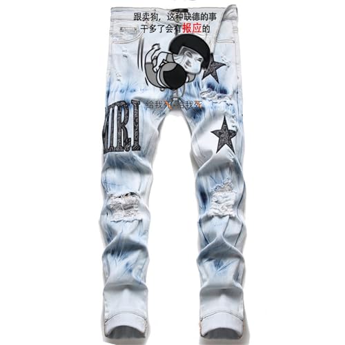 YAODAMAI Pantalones Vaqueros de los Hombres Rasgados Bordado Pentagrama Estiramiento Pantalones de Pierna Delgada Pantalones de los Hombres versátiles