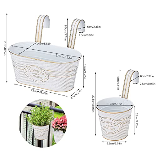 Image of PerGar 3 Pack Metal Railing Planter Box Outdoor, 10.6 inch Hanging Flower Pots with Detachable Hooks & Drainage Holes, Rail Planter Boxes for Balcony Deck Porch Fence Garden Home Decoration, White